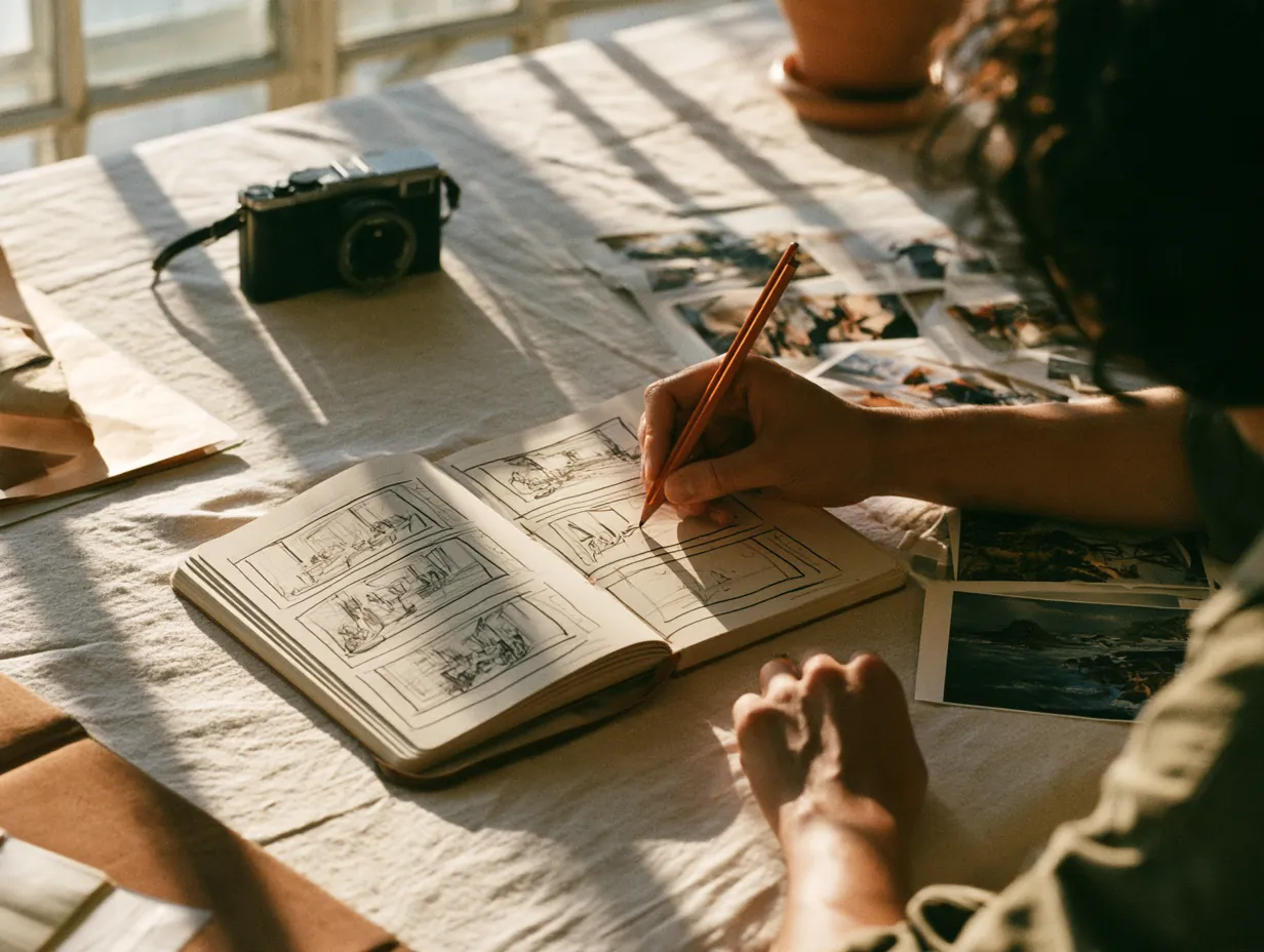 A hand sketching storyboard frames in a notebook beside a camera and photo prints.