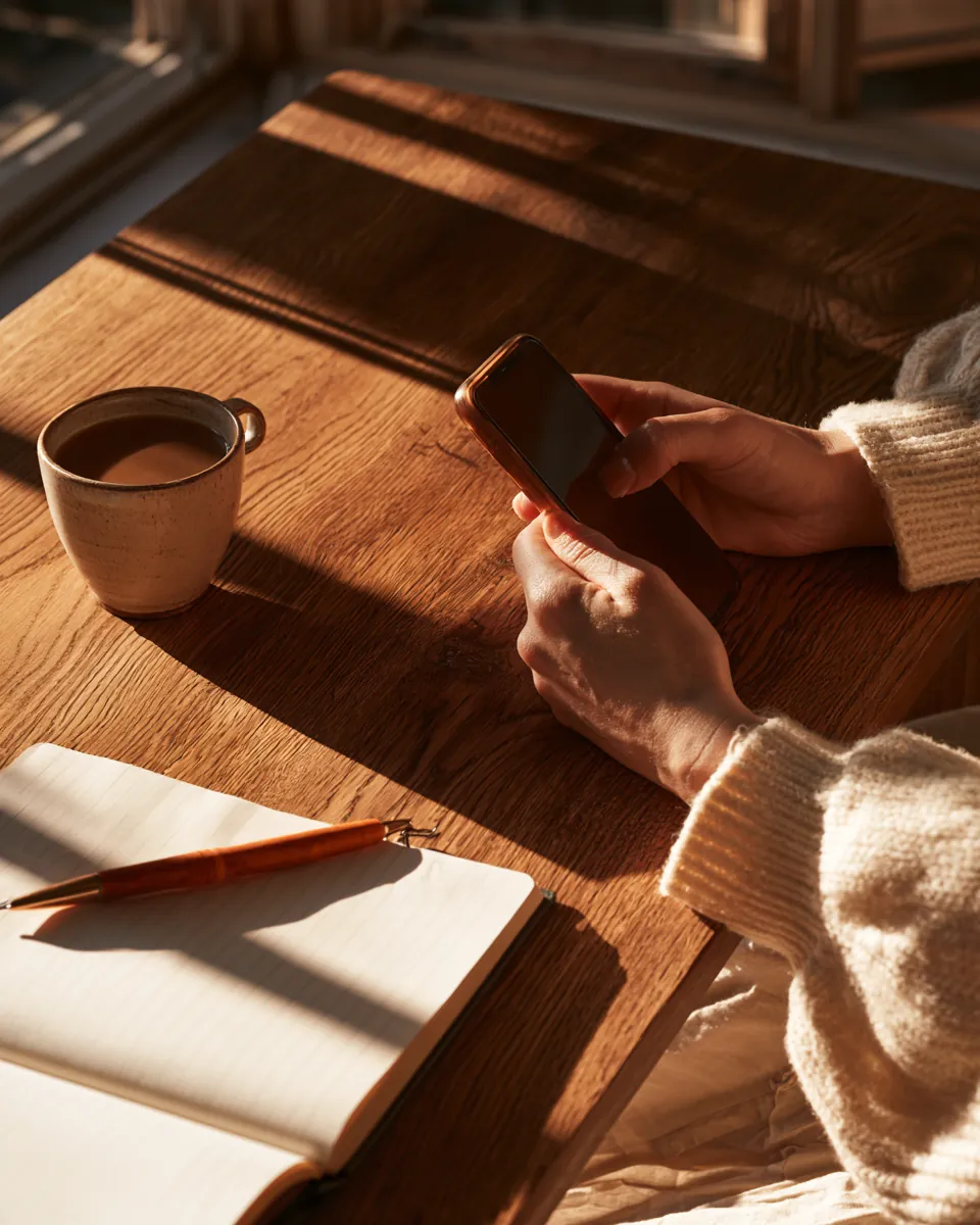 Hands holding a phone over a wooden desk with a cup of chai and an open notebook.