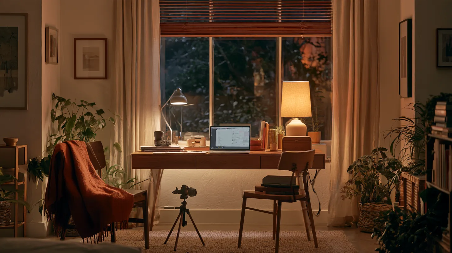 A creator's desk at dusk with a laptop, a camera on a small tripod and a warm lamp.